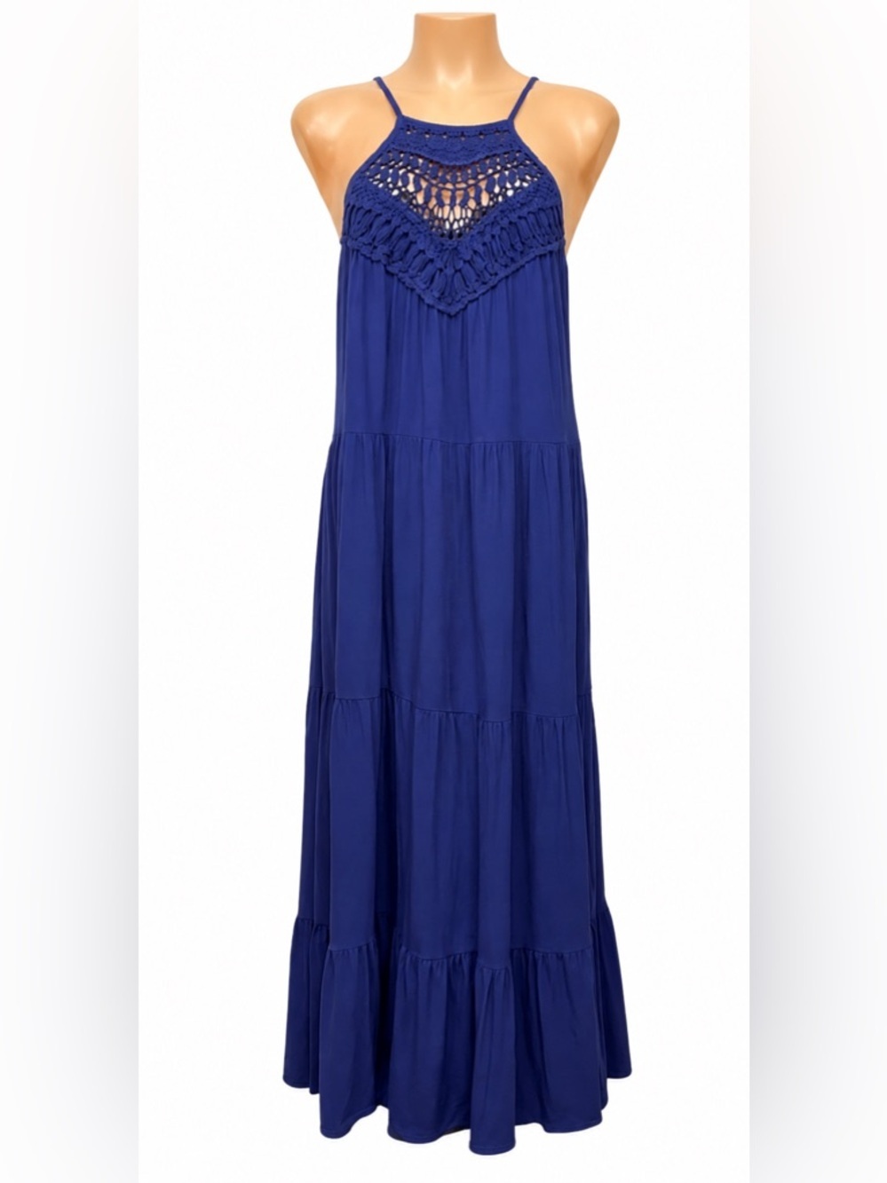 La Blanca Coastal Covers Halter Midi Dress in Indigo- Size Small Crochet Top